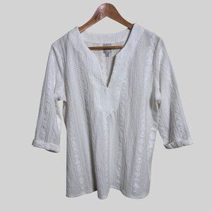 Nic and Zoe Angled Lace Split Neck Top, White, Women's Size Medium